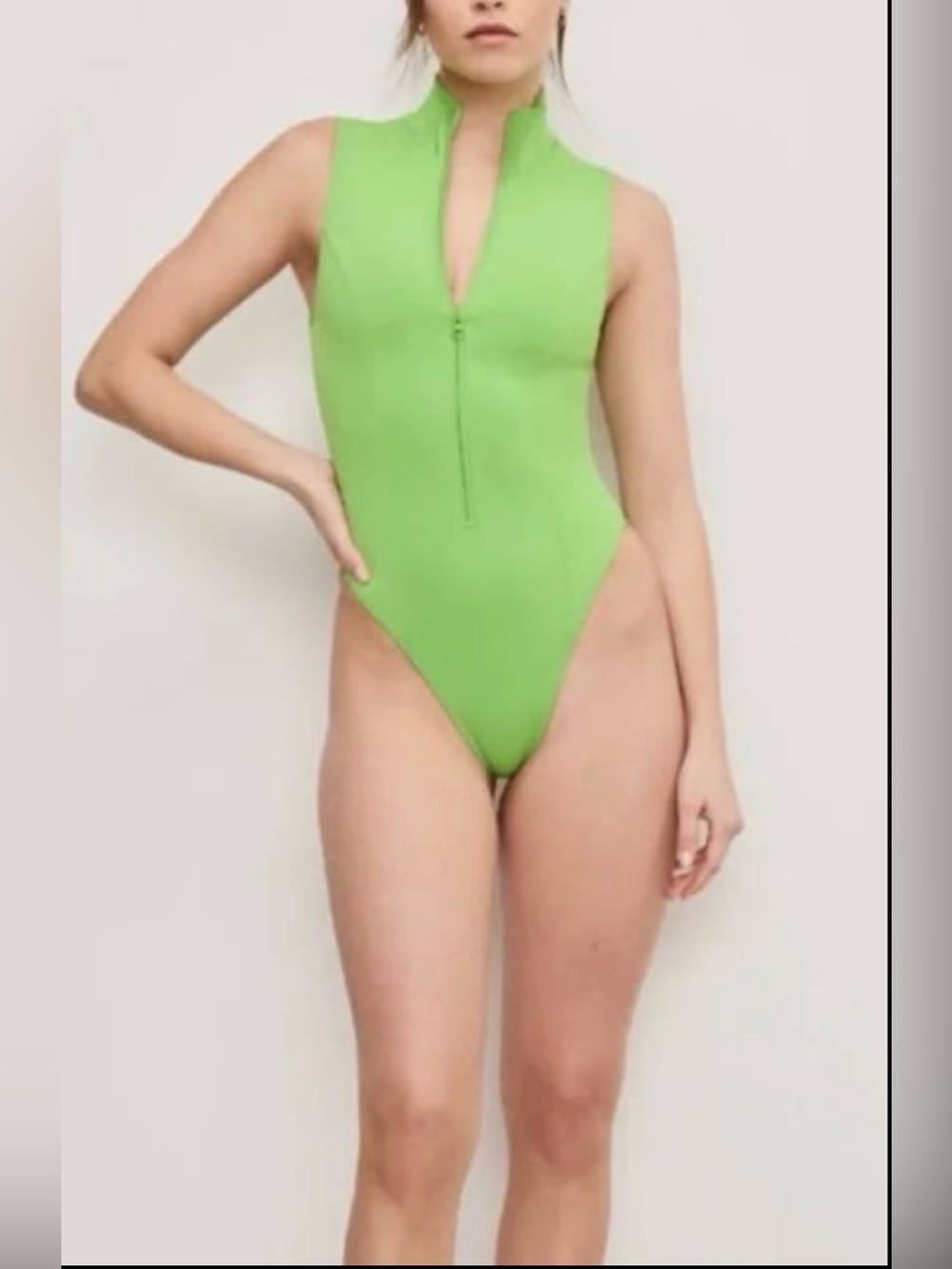 Good American Neon Green Zip Up One Piece Swimsuit